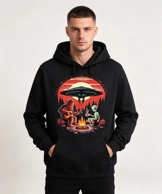 Unisex Alien and Bigfoot Campfire UFO Hoodie - Mysterious Creature Themed Sweater, Soft Breathable Cotton Blend Pullover with Kangaroo Pocket for Camping, Race Day and Mysterious Zoology Lovers (Black), Size S-XXXL, Lightweight — image 3