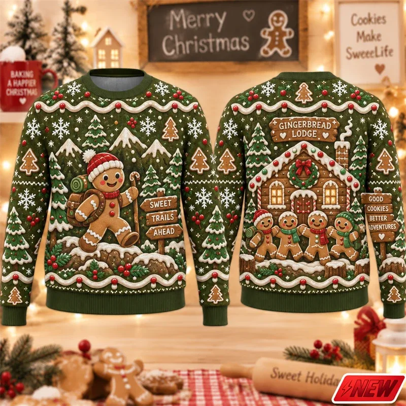 Christmas Ugly Sweater Men Holiday Gift Trendy 3D Print Funny Skateboarding Gingerbread Man House Pattern Pullover Unisex Hoodie — image 11