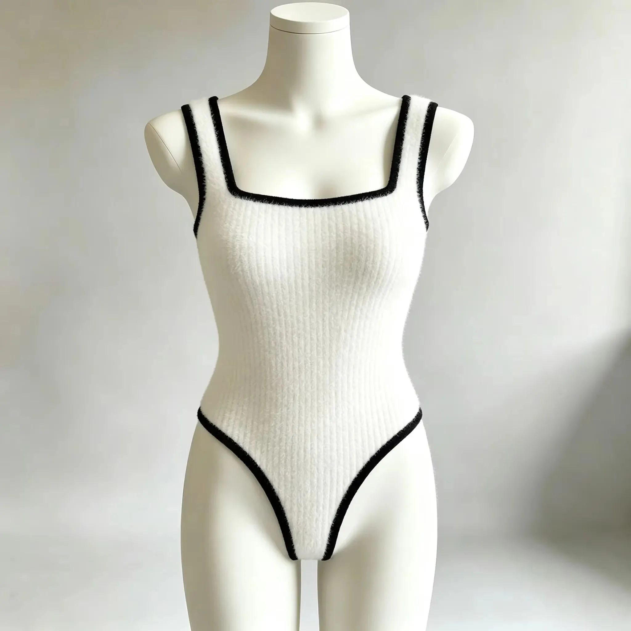 3pcs Women's Ribbed Bodysuit Set Fashionable Black Piped Square Neck Waist-Cinching Style Summer Nightlife Wear Elegant Beach Ou — image 5