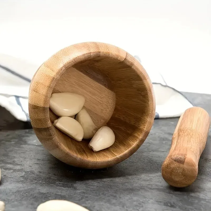 1set Bamboo garlic jar household kitchen food mixer garlic puree grinder with lid — image 4