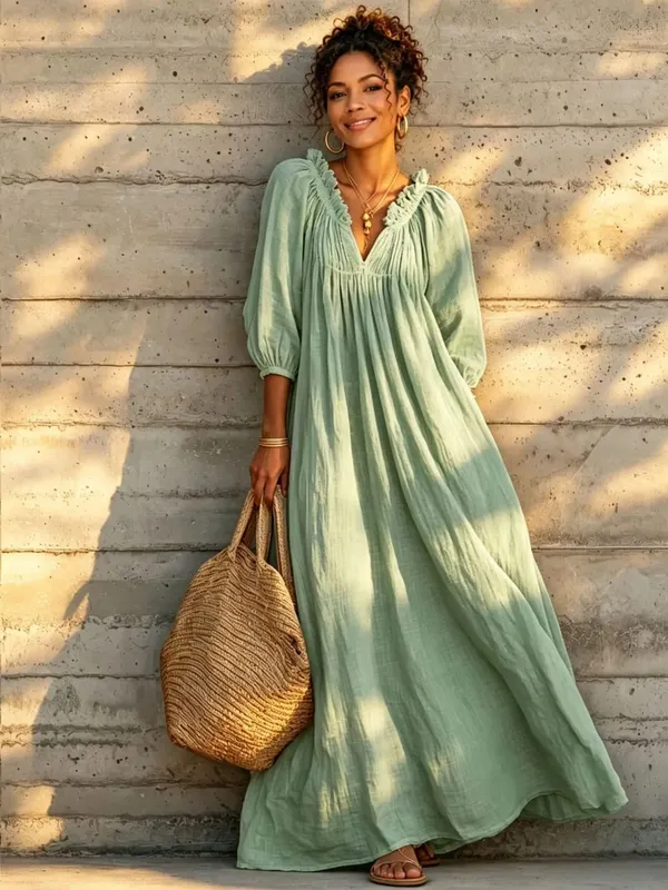 Women Boho Dresses V Neck Lantern Sleeve Maxi Dress Vacation Loose Beach Cover Up Dress Spring Summer Overall Jumpsuit Playsuit — image 10