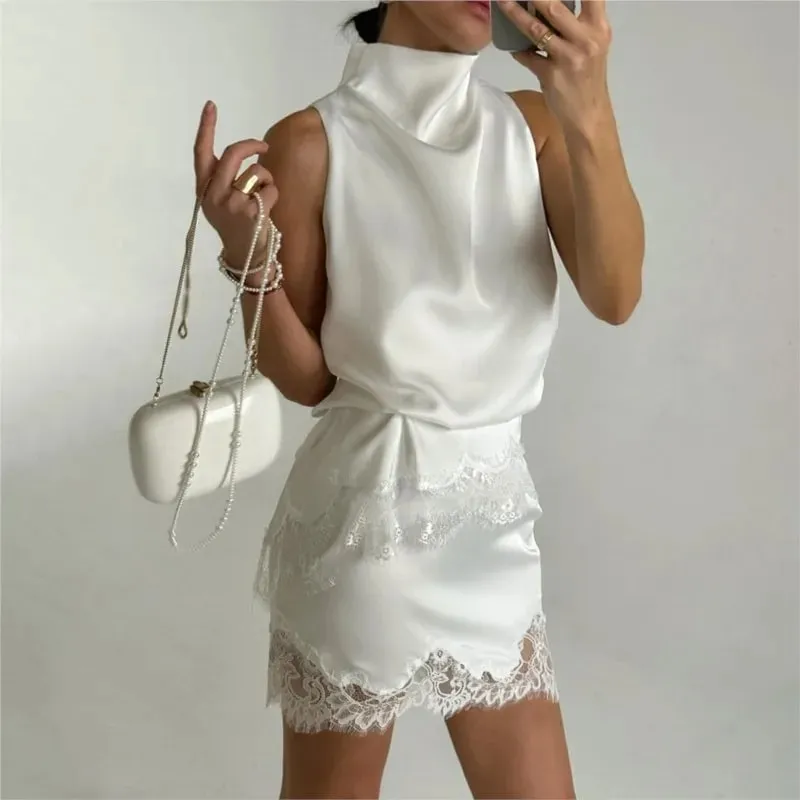 Women's Satin High Neck Lace Trim Sleeveless Tanks Summer Fashion Casual Irregular Silhouette Delicate Solid Color Tops — image 5
