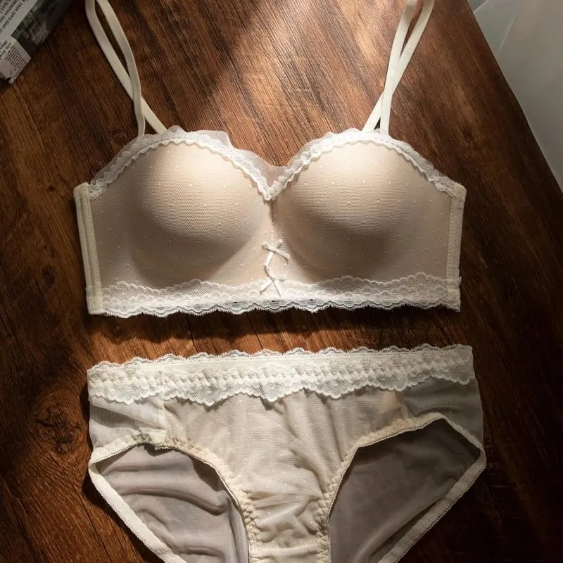 Sexy Mesh Wire Free Underwear Set Women Lace Dot 1/2 Palm Cup Push Up Bra Summer Detachable Strap Lingerie and Panties Sets