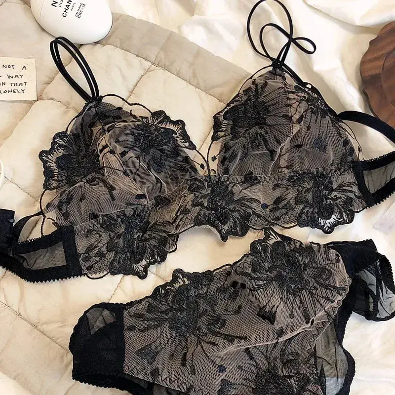 French Lace Flowers Embroidery Bra Set Sexy Ultra Thin Women Underwear New Triangle Cup Wire Free Bralette Romantic Lingerie Set — image 1