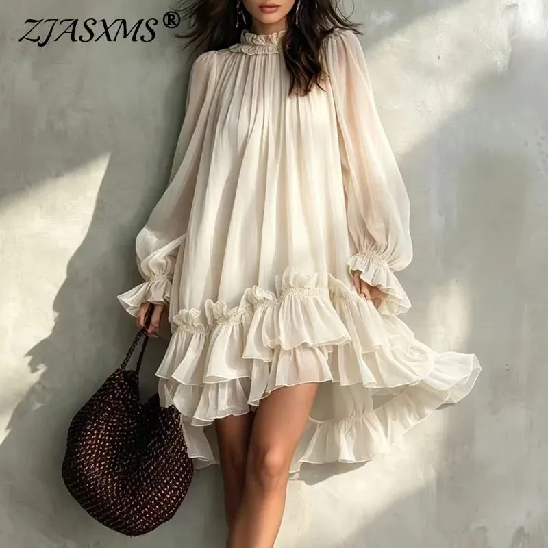 Boho Loose Swing Dress Ladies Ruffle O Neck Lantern Sleeve Multi‑Tiered Ruffle Hem Mini Dress Casual Beach Holiday Short Dresses — image 1