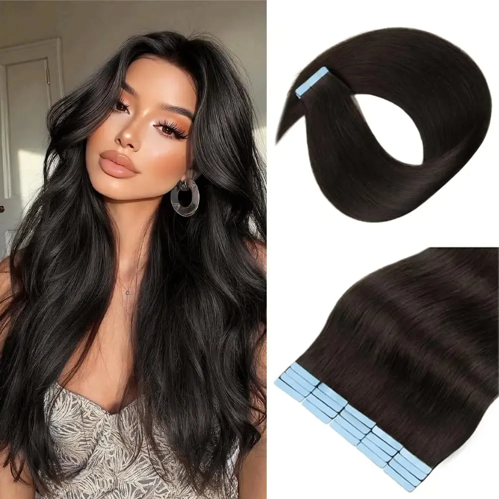 Tape in Hair Extensions Human Hair 20pcs 50g Remy Hair Extensions Straight Tape Extensions Human Hair Natural Black — image 1