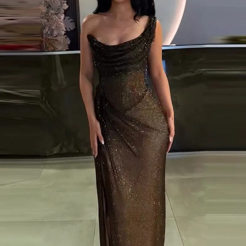 เซ็กซี่ Elegant ความยาวเต็มสูงแยกชุด Chic Girdling จัดเลี้ยง Maxi ชุดผู้หญิงหรูหราหนึ่งไหล่ Glitter Slim Dress — image 3