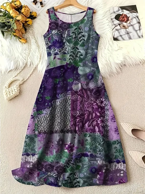 Summer Fashion Round-Neck Women's Dresses Botanical Floral Color-Blocked Patchwork Dresses Travel Party and Beach Dresses — image 3