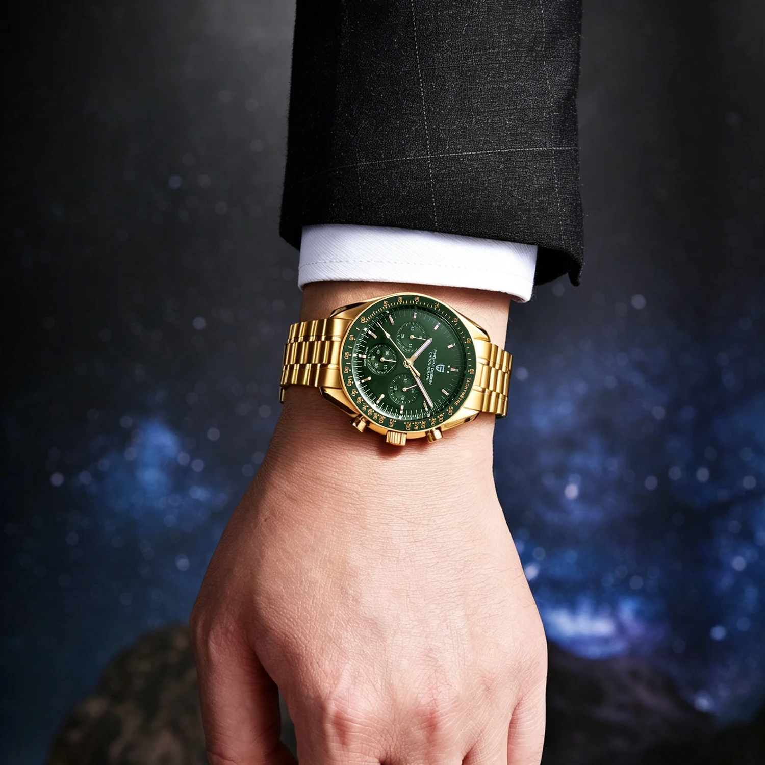 New Classic Men Watch PAGANI DESIGN Golden Green Luxury Quartz Watch For Men Automatic Date Speed Sport Chronograph AR Sapphire Crystal Wristwatch Men Local Shipping — image 4