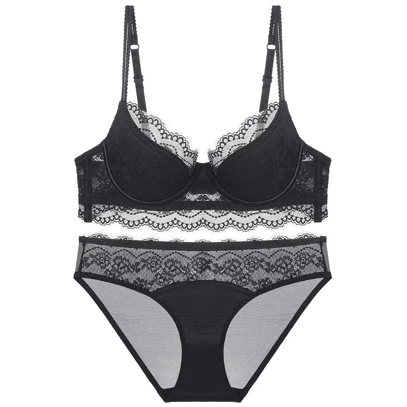 French Style Women Sexy Lingerie Thin Pure Erotic Lace Girls Bra Panties Push Up Comfortable Gather Ladies Cotton Underwear Sets — image 4