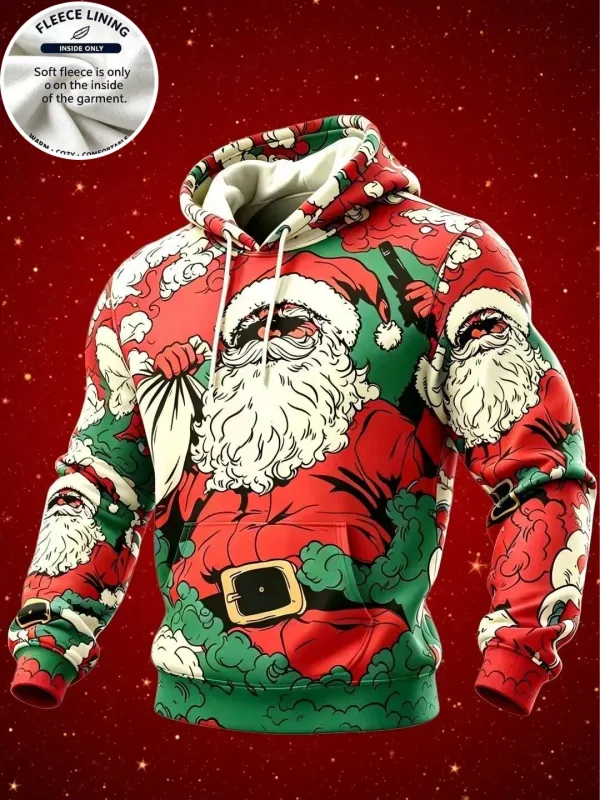 3D Print Christmas Fleece Hoodie Funny Santa Stuck In Chimney Reindeer Snow Scene Pullover Long Sleeve Holiday Sweatshirt