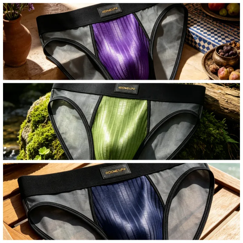 กางเกงบุรุษ Patchwork SHEER ตาข่ายแนวตั้ง Stripe GLOSS POUCH ต่ำเอวกว้างเอวยางยืด Breathable ชายชุดชั้นใน DP923 — image 22