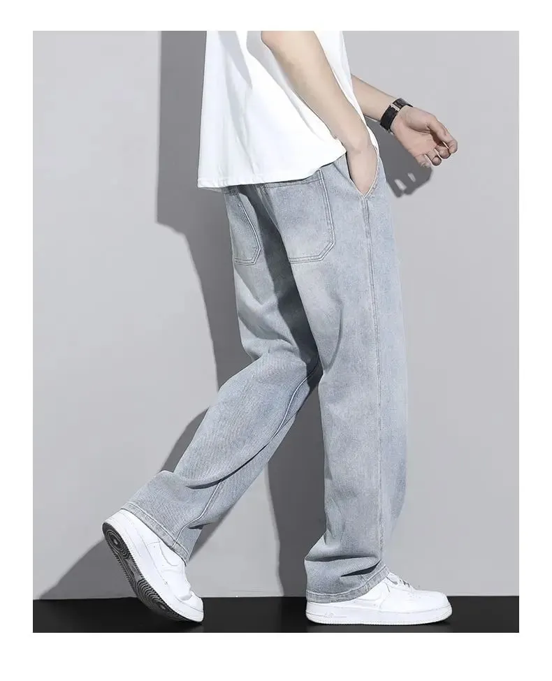 Men's Straight Leg Jeans American High Street High-quality Drawstring Design Daily Casual Loose Pants Washed Polished White — image 6