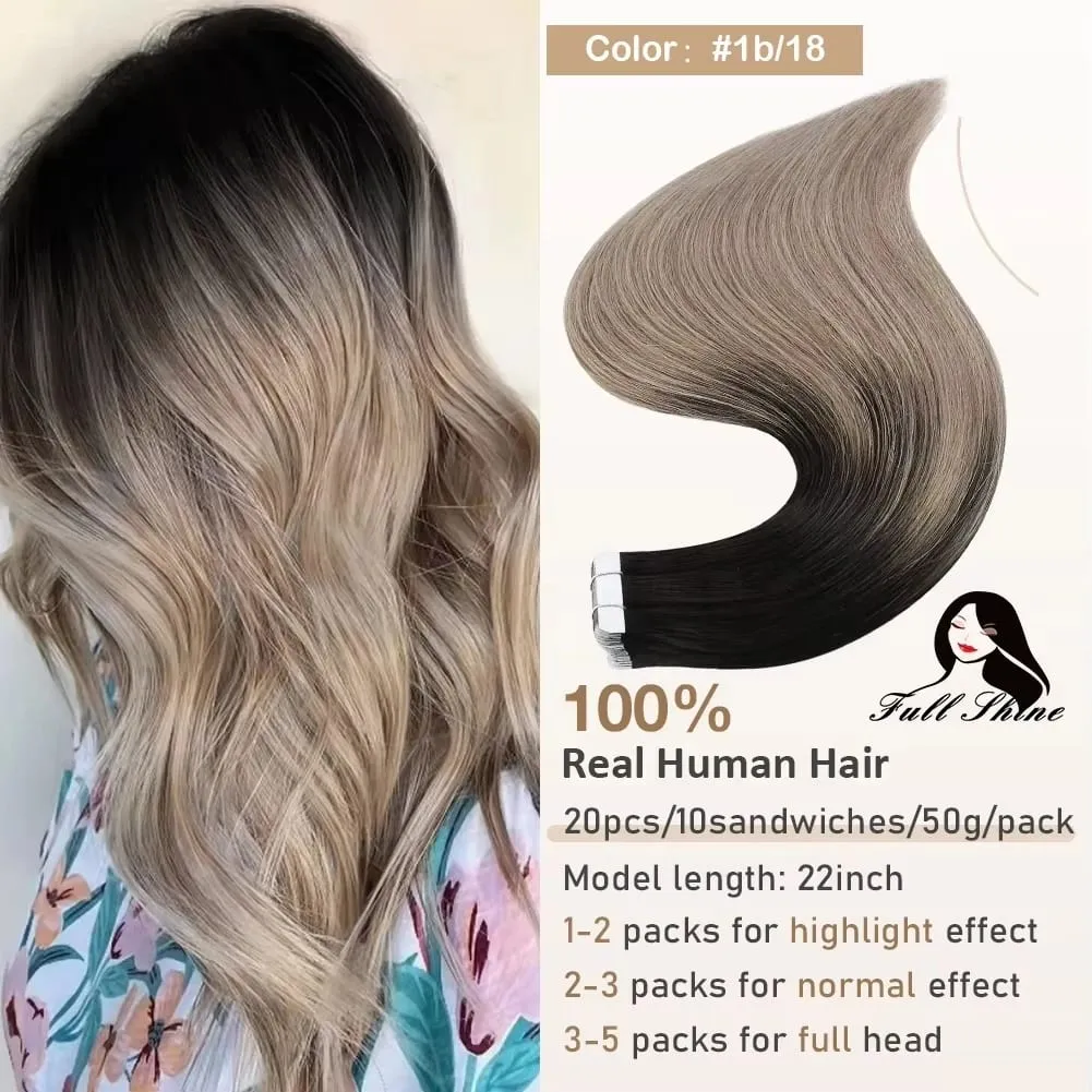 Full Shine Tape in Hair Extensions 20Pcs Skin Weft Remy Straight Hair Glue on Brazilian Hair for Women