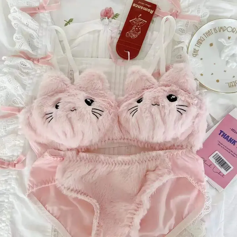 اليابانية Kawaii القطيفة النساء الصدرية مجموعة لطيف فتاة القط مريحة الصدرية مجموعة الكرتون الملابس الداخلية جميل لينة طالب الملابس الداخلية — image 4