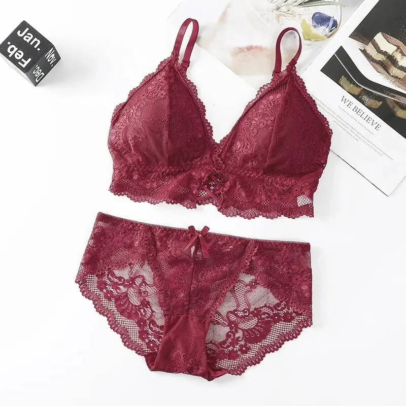 Lace Bra Set for Women Wirefree Bralette Front Criss‑Cross Floral Lace Underwear Sexy Lingerie 2‑Piece Bra And Panty Kit — image 10