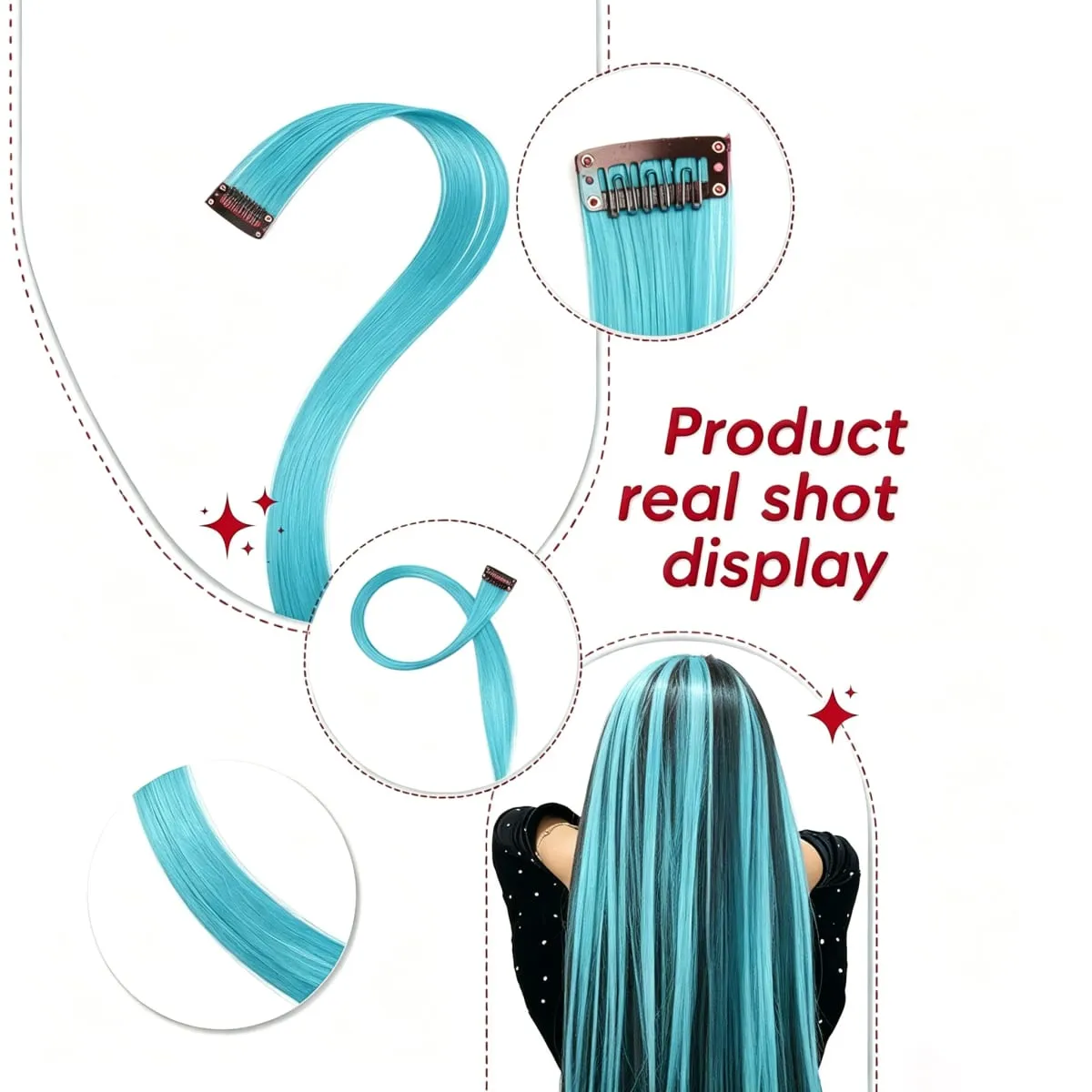 6 Pcs Synthetic Light Blue Clip In Hair Extensions Bright Cyan Synthetic Clip In Hair Extensions Straight Color Highlight Hair