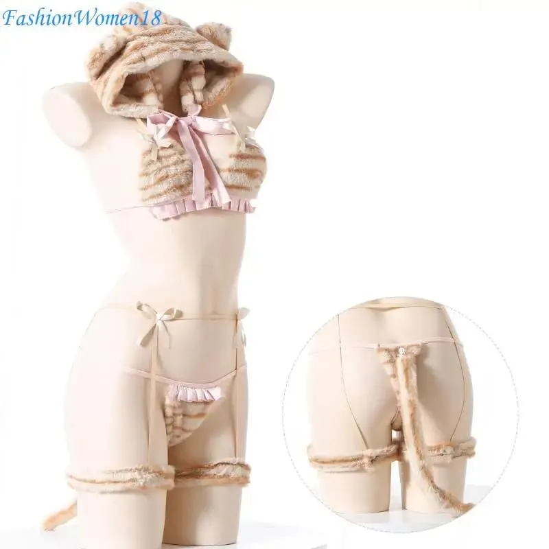 Anime Lingerie Furry Bra Panty Cap Tigers Tail Tigers Cosplay Lingerie Costume Set 57BD — image 3