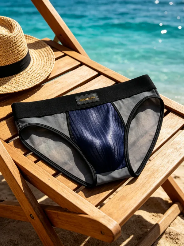 กางเกงบุรุษ Patchwork SHEER ตาข่ายแนวตั้ง Stripe GLOSS POUCH ต่ำเอวกว้างเอวยางยืด Breathable ชายชุดชั้นใน DP923 — image 11