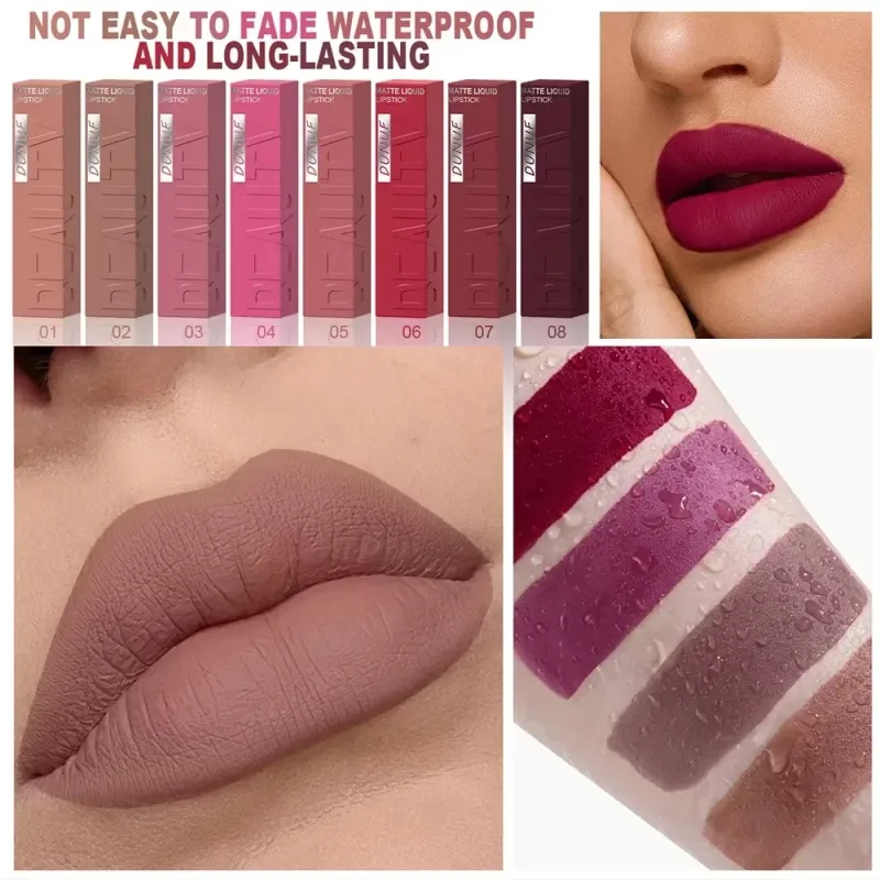 Batom labial fosco, 8 cores, suave, fácil de aplicar, tubo quadrado de brilho, veludo, à prova d'água, tridimensional, sexy, maquiagem de batom — image 5