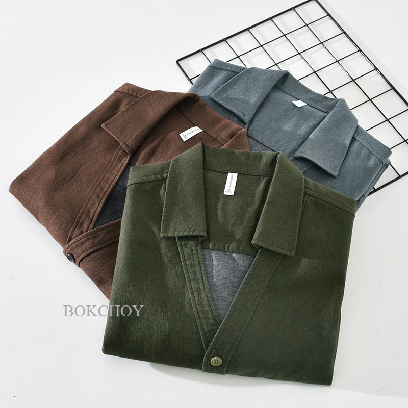 Autumn New Vintage Cotton Linen Loose Comfort Jackets for Men Seagull Collar Sense of Layering Streetwear Men Tops ECY2521 — image 5