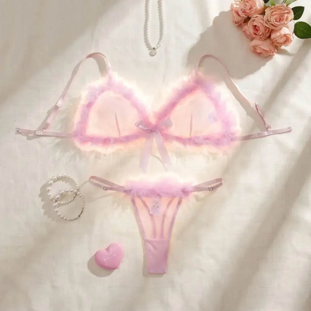 Furry Women's Underwear Mesh Transparent Bow Decor Lingerie Set Wireless Romantic Intimate Bra Panties Suit Anniversary