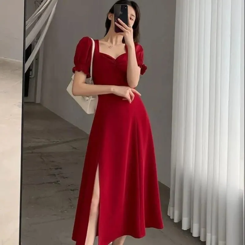 Pakaian Celah Elegan Lengan Pendek Puff Pepejal Fesyen Baru Pakaian Penuh Leher V Wanita Pinggang Tinggi Slim Pesta Malam Vestidos — image 4