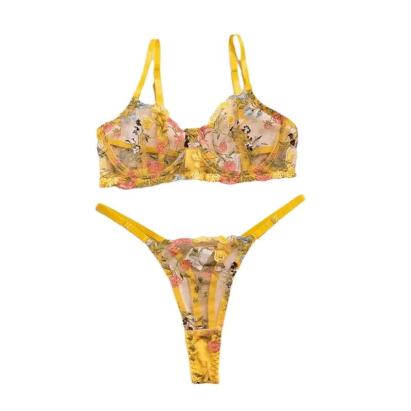 Sheer Intimates Transparent Lingerie Set Ultra-thin Elegant Embroidery Floral Underwear Push Up Panties Bra Set Honeymoon — image 2