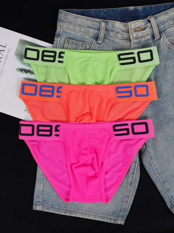 Panlalaking Nylon Blend Mesh Breathable Briefs Horn Splice Letter Embossed Malapad na Elastic Waistband Kulay Fluorescent Sexy Underwear