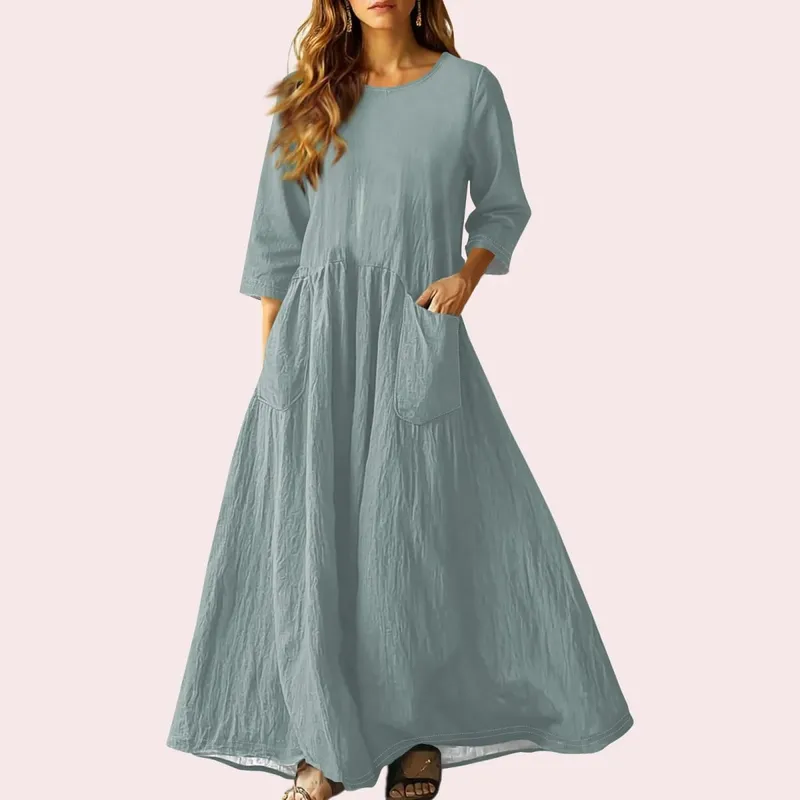 Women's Summer Loose Long Dresses Solid Color Three-quarter Sleeve Double Pocket Dress Loose Round Neck Linen Dress Vestidos — image 19