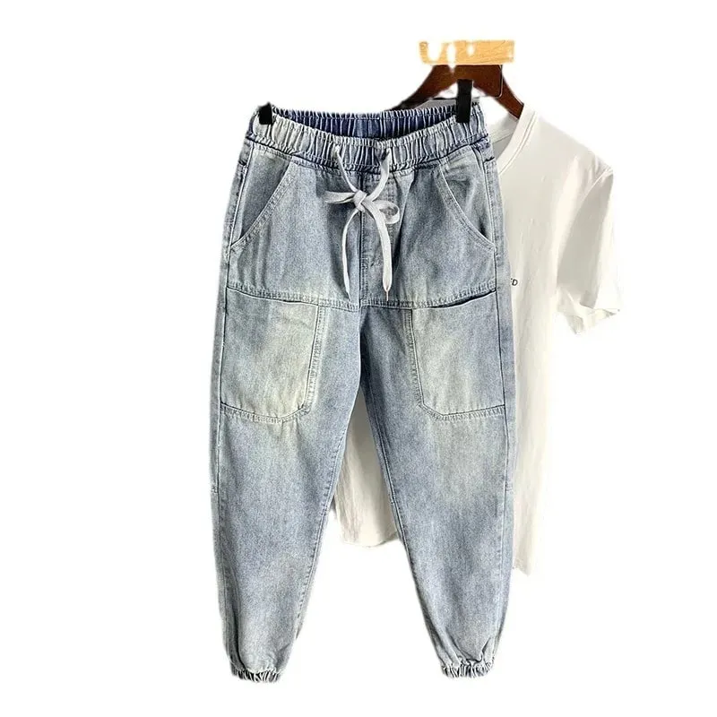 Pakaian jalanan Mewah Musim Gugur baru Korea Harajuku Stretch Lelaki Slim Solid Denim Kasual Seluar Pensel Seluar Jeans longgar kargo lelaki — image 5