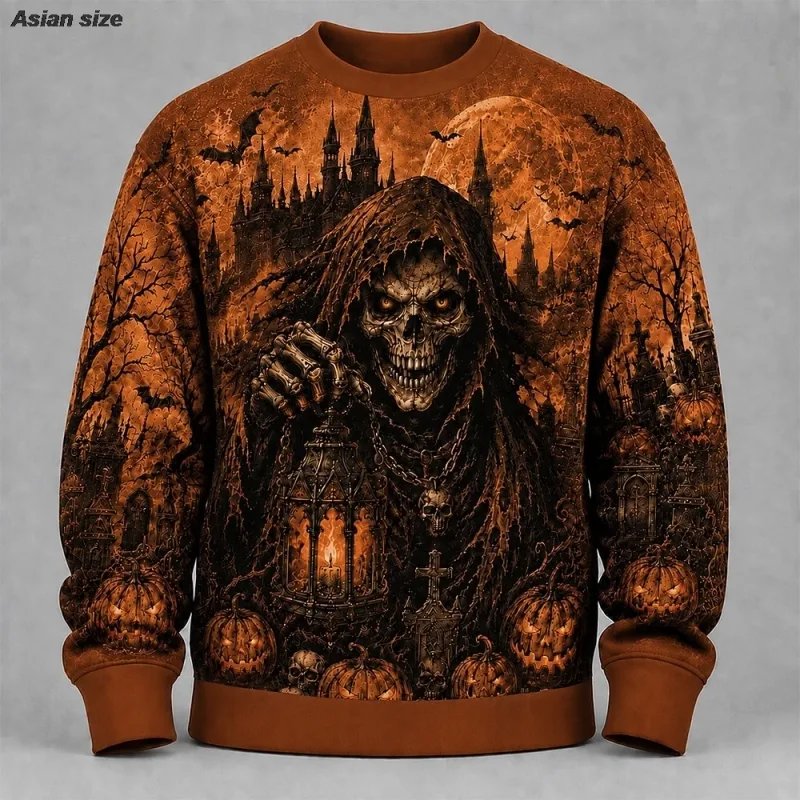 Fleece Sweatshirts Halloween Men's Skulls Sweatshirt Punk Party Gothic Crew Neck Vacation Blue Dark orange Brown Green — image 13