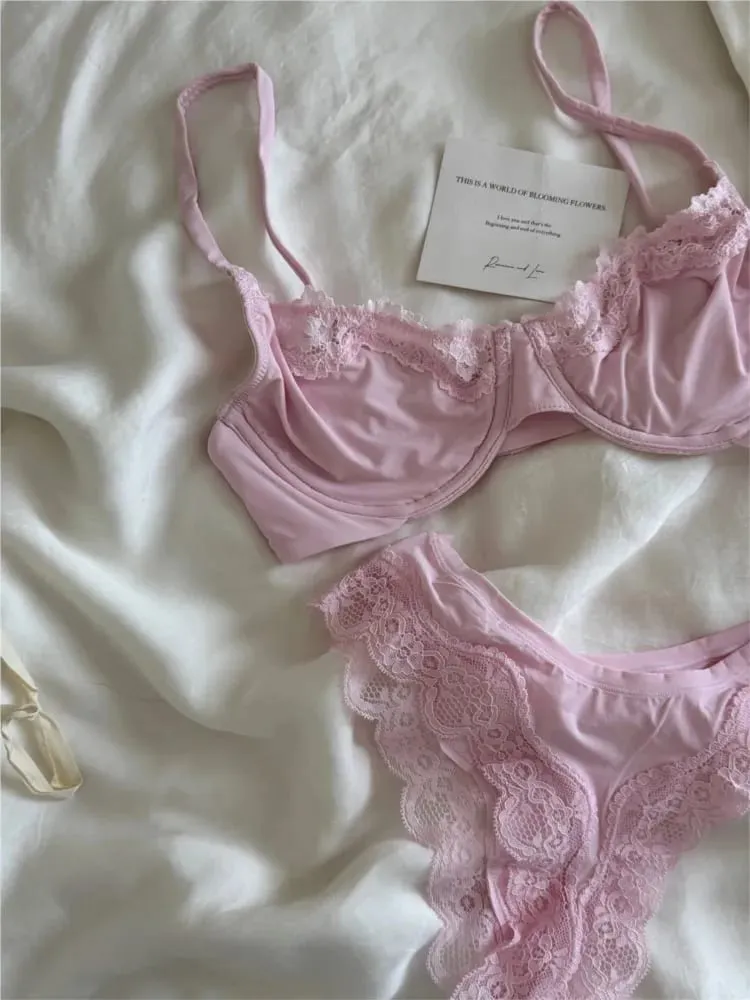Set Bra Cawan Penuh Tanpa Garis Merah Jambu Berdawai Berdawai Lace Trim Lift Selesa Minimalis Seamless Mesra Kulit Coli Setiap Hari dan Seluar Dalam — image 3