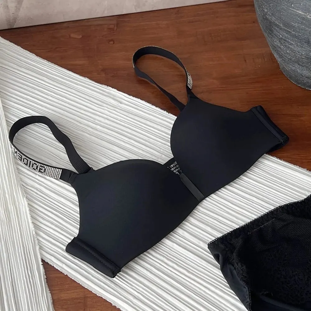 セクシーな Fashion Women Triangle Cup Bralette 32‑38 Thin Seamless Push Up Anti Sag Rhinestone Letter Strap Beautiful Back Lingerie — image 7