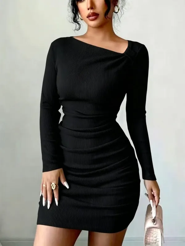 Women's Autumn Casual Elegant Solid Color Dress Mini Skirt Length Long Sleeved Pit Stripe Slanted Collar Fashion — image 2