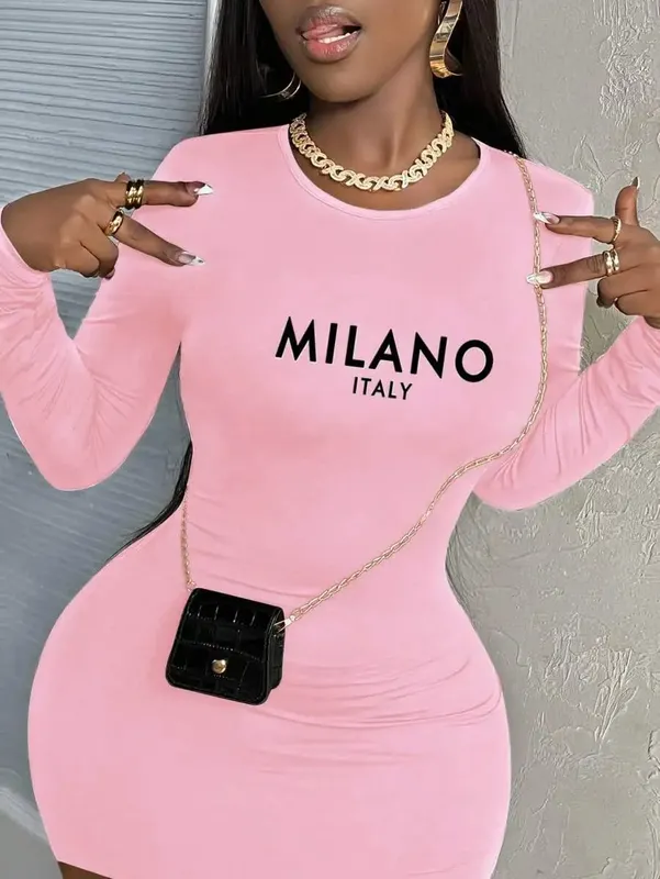 Womens Long Sleeve Bodycon Dress Casual Slogan Graphic Spring/Summer & Autumn/Winter Chic Style — image 2