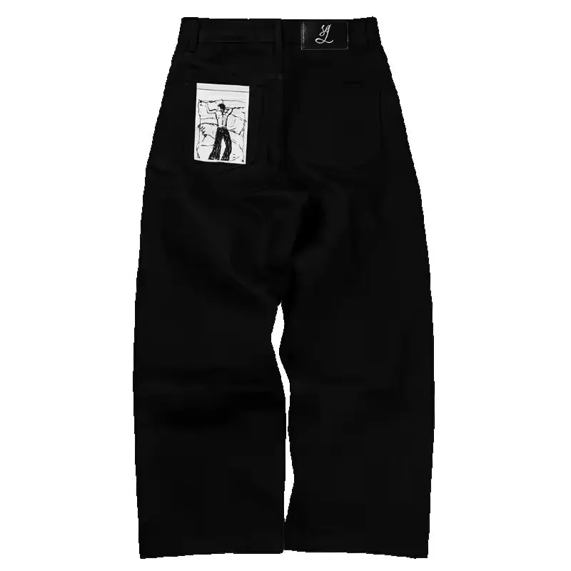 Streetwear Casual Black Wide Leg Jeans Men Women Heavy Back Pocket Embroidery Detail Fashion Pants Loose Fit Soft Denim Y2K — image 3