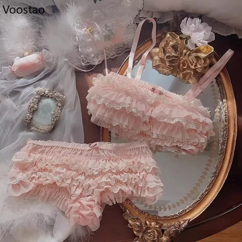 Japanse Zoete Lolita Stijl Beha Slipje Lingerie Set Vrouwen Sexy Bloemen Kanten Ruches Slips Kawaii Ondergoed Panty Intimates Sets — image 3