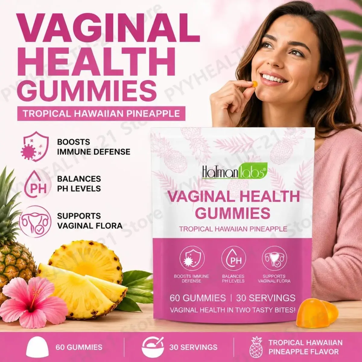 HalmanLabs Vaginal Health Gummies Probiotic Vitamin C Balance PH Levels Support Flora Immune Defense 60 Count Pineapple Women — image 1