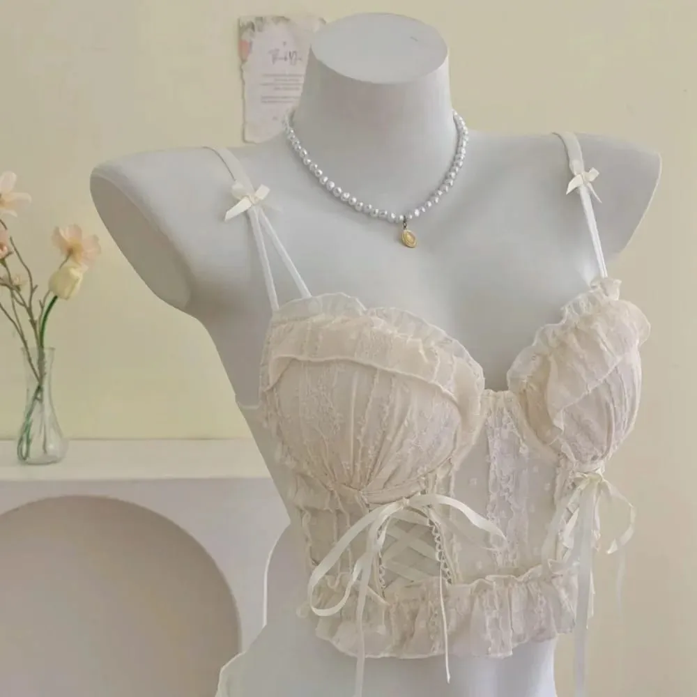 Ensemble de soutien-gorge en dentelle à volants pour femmes, petit buste, Push-Up, maille croisée, bretelles croisées, pur, doux, Lingerie douce au quotidien, sous-vêtements 2 pièces 32-38AB — image 1