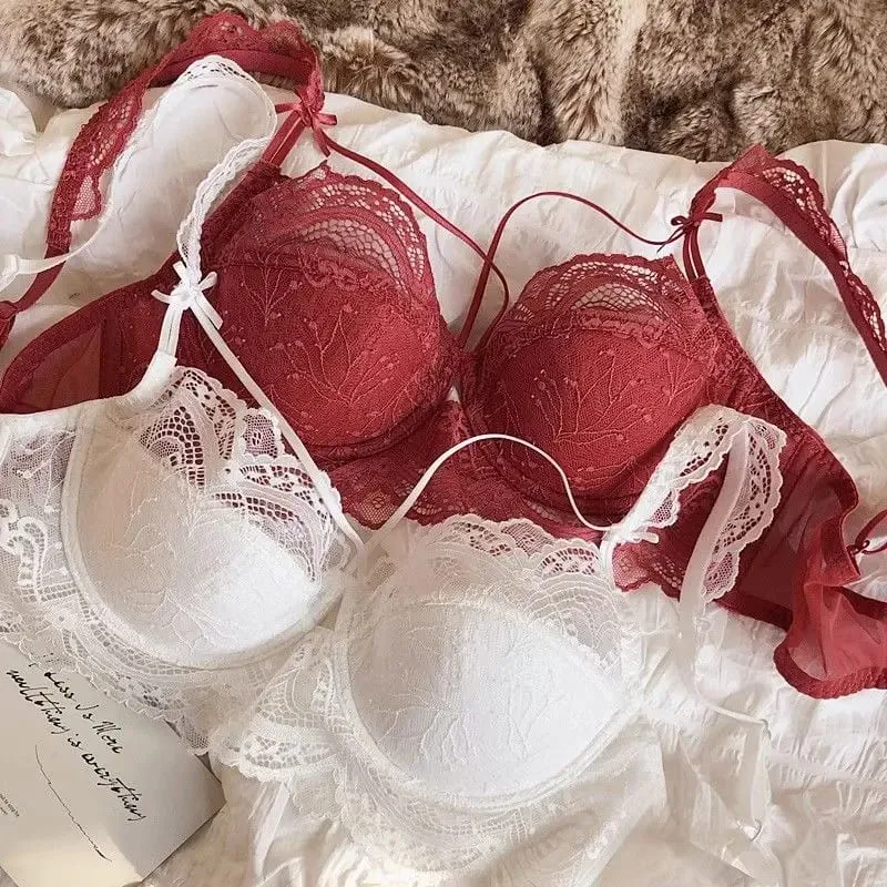 French Pure Lace Bralette Petite Bra Set AABB Cup with Removable Straps & Thin Push Up Pads Soft Underwire Sexy Women's