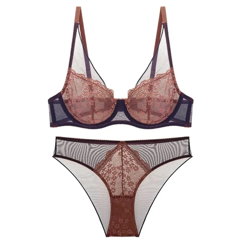 French Vintage Mesh Lace Flower Bra Set Brassiere Lingerie Push Up Bra Women Seamless Underwear Lace Floral Underpants Girl — image 7