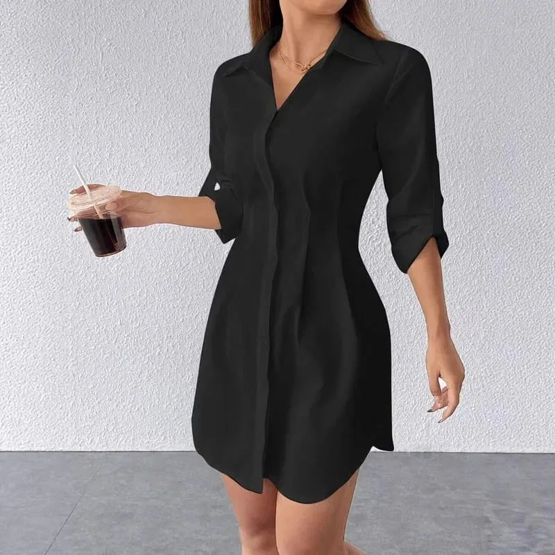 Women Long Sleeve Shirt Dress Fall Winter Open Cardigan Turn Down Collar Button Down Casual Midi Dresses — image 3