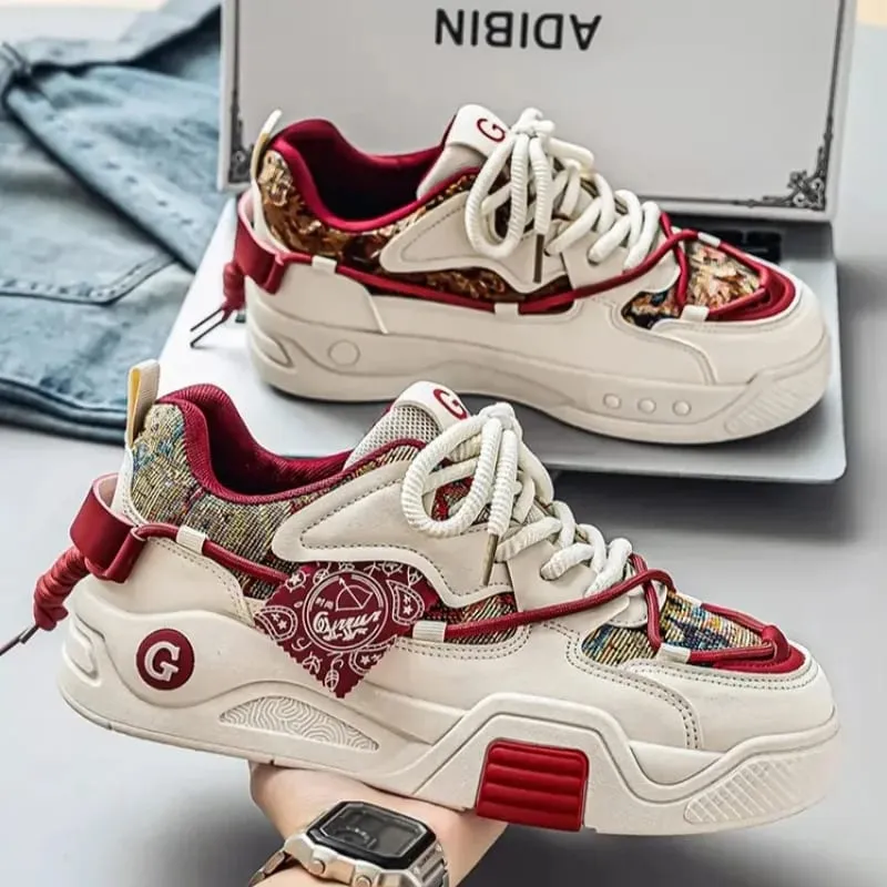 Spring Summer Men Sneakers Chunky Sole Casual Shoes Retro Color Block Graphic Print Lace Up Thick Flat Platform Footwear — image 3