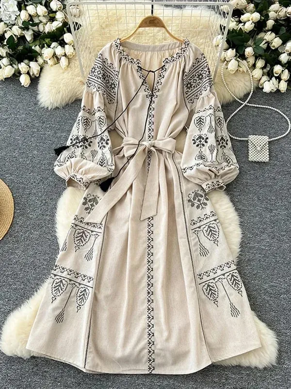 Boheemse Retro Etnische Stijl Jurk Dames Nieuwe Lente Herfst Geborduurde Lace Up Lantaarn Mouwen Taille Cinching Lange Jurk A155 — image 5