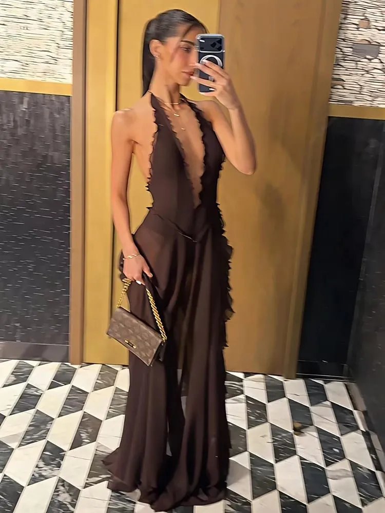 Mozision Halter Deep V Leher Gaun Maxi Seksi Tanpa Belakang Wanita Elegan Off-shoulder Tanpa Lengan High Split Party Club Dress Long Dress