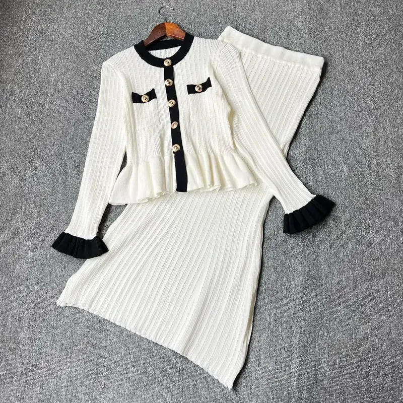 YuooMuoo marca de moda de una pieza de punto Maxi Vestido de mujer elegante con cuello en V con volantes cintura delgada ceñido al cuerpo suéter Vestido de fiesta