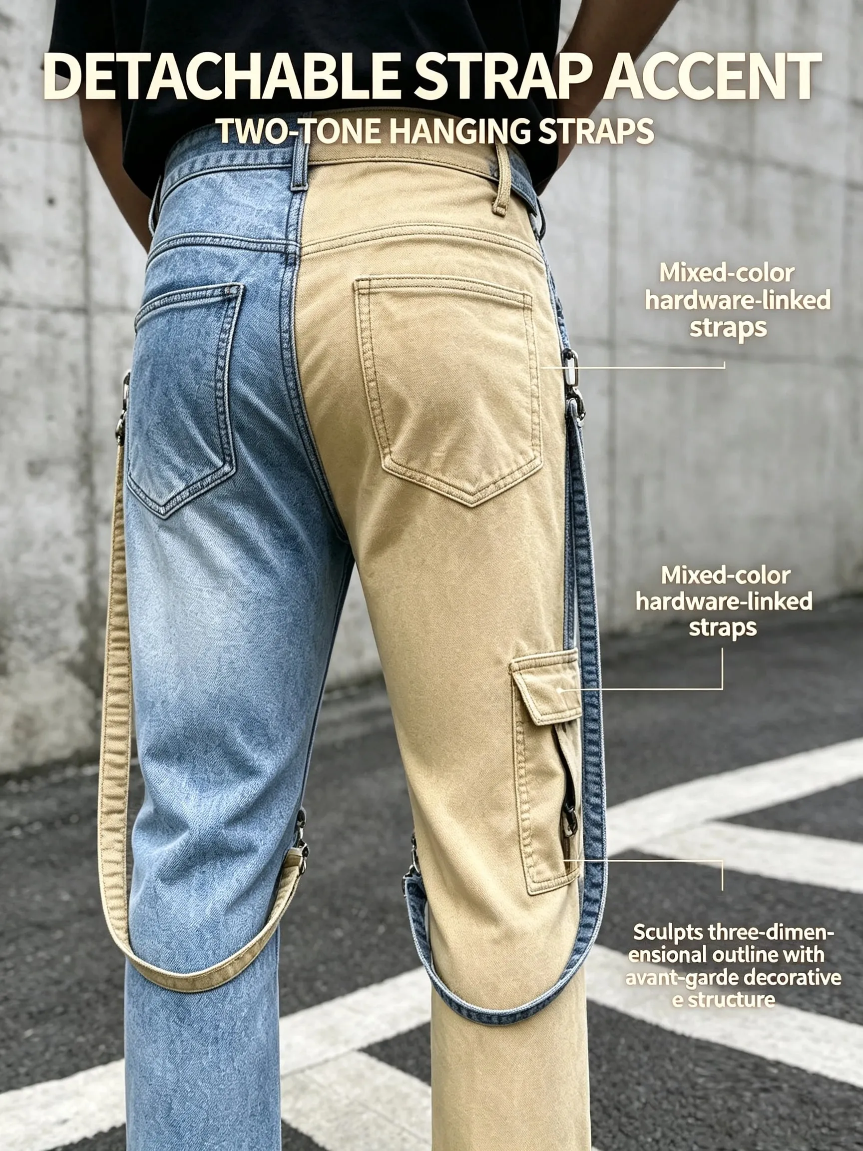 Y2K Jeans for Men Techwear Retro Cargo Pants Flared Bootcut Jeans Contrast Color Splicing Strap Streetwear Denim Trousers