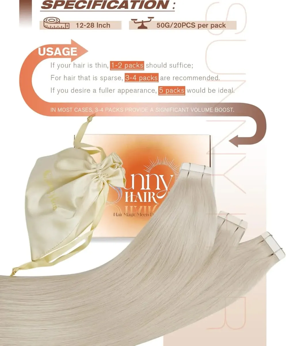 VeSunny Tape i hårförlängningar Riktigt människohår Osynligt Remy Hair Extensions Tape Ins för kvinnor Vit Platina Blond 26 Inch — image 6