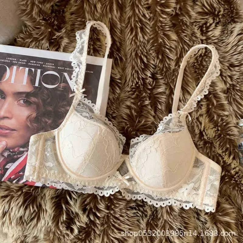 Feminino francês flutter manga renda lingerie conjunto macio underwire copo fino respirável sexy beleza volta minimizador sutiã 32-38 — image 6